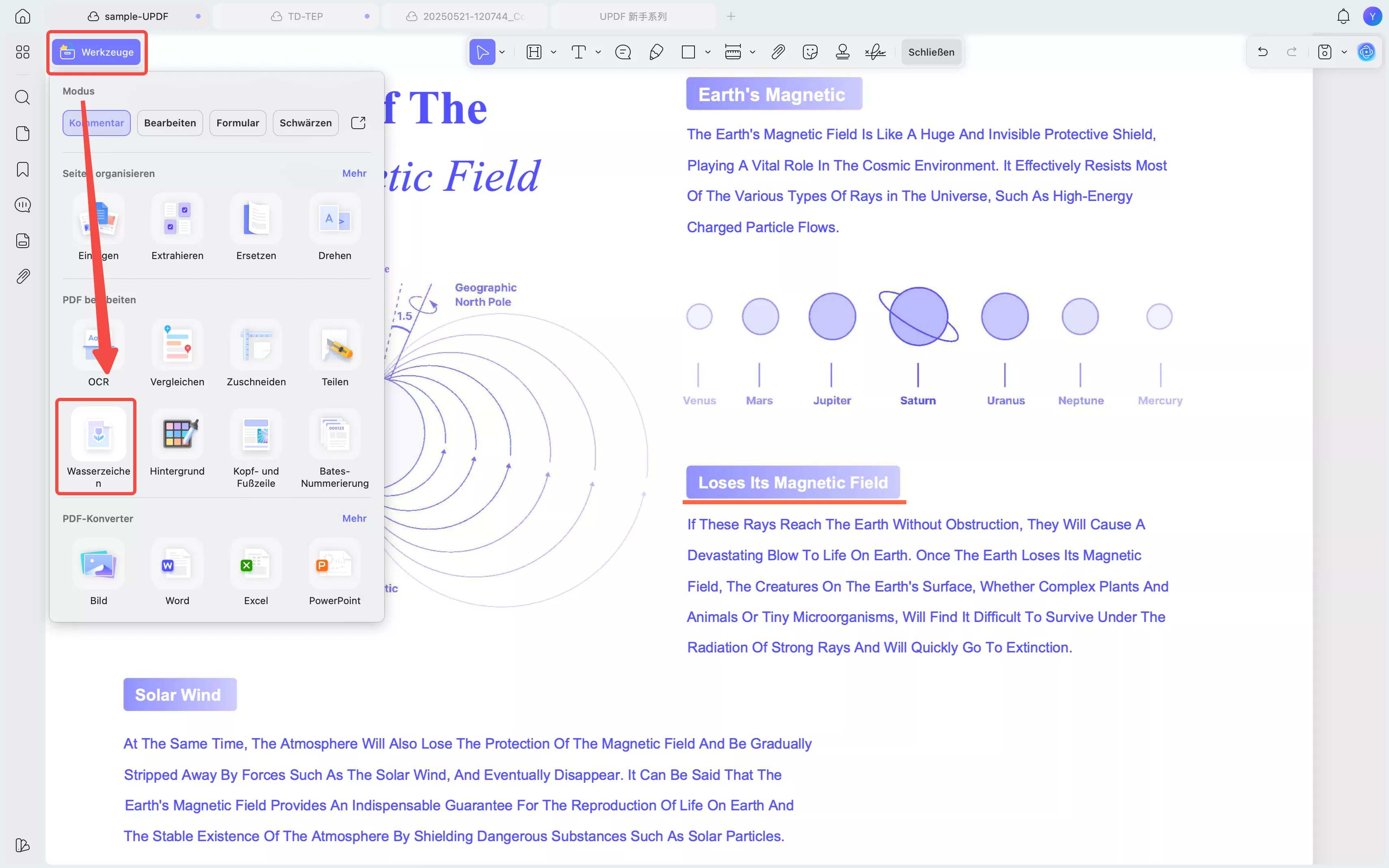 Wähle unter „Werkzeuge“ die Option „Wasserzeichen“ aus