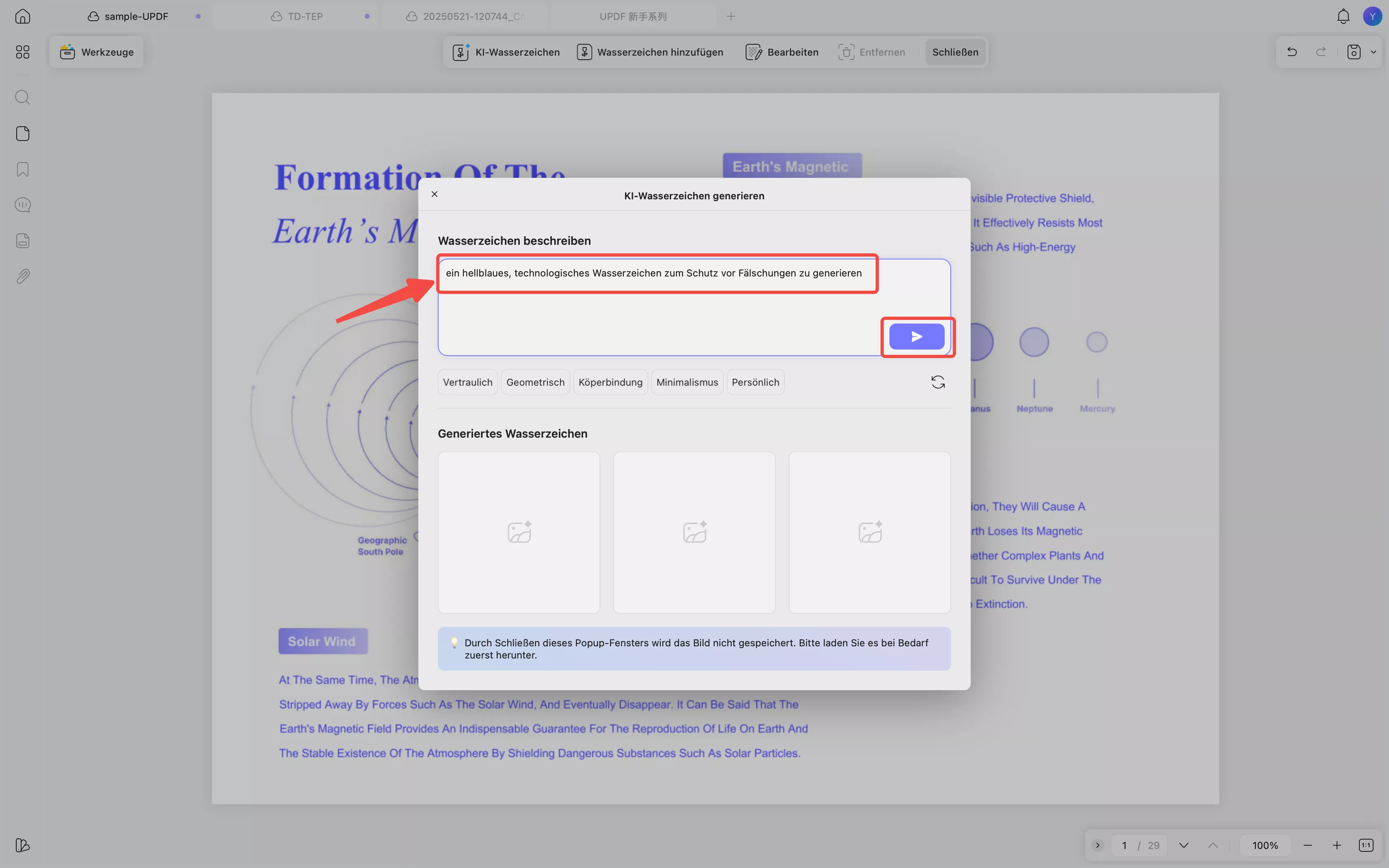 Beschreibe das Wasserzeichen anhand einer Eingabeaufforderung