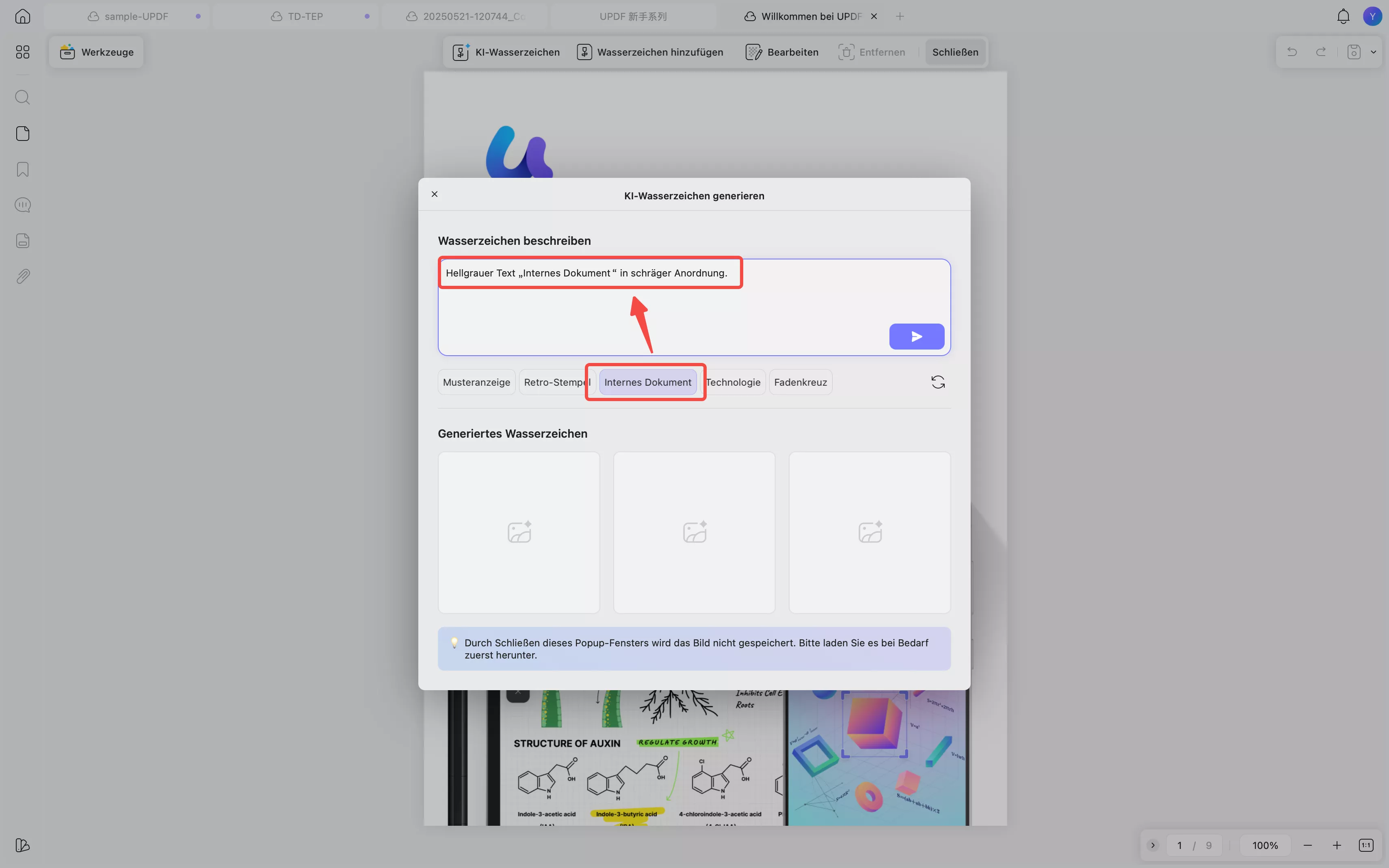 Wasserzeichen-Eingabeaufforderung mit einer Voreinstellung generieren