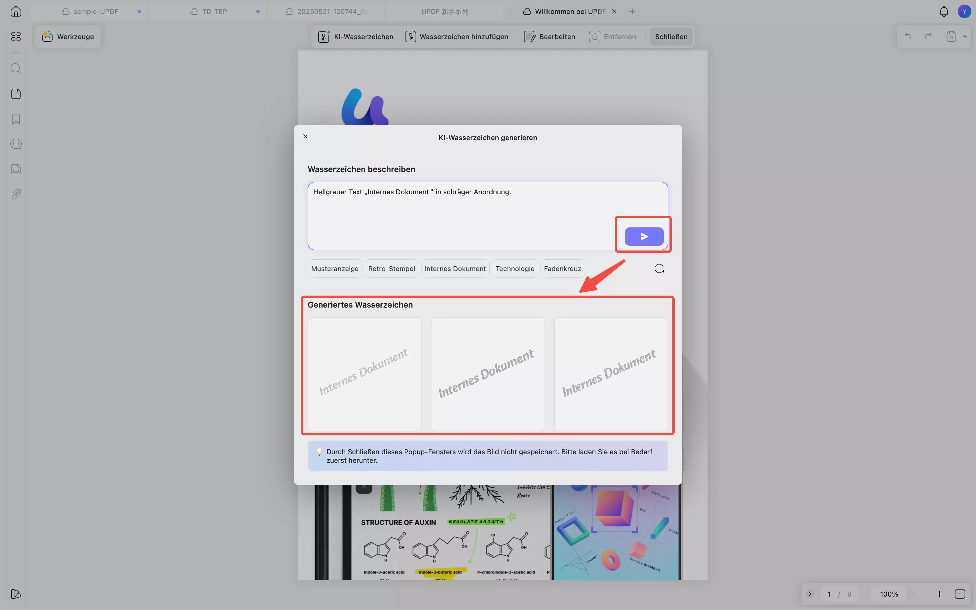 Wasserzeichen, das anhand von Voreinstellungen erstellt wurde