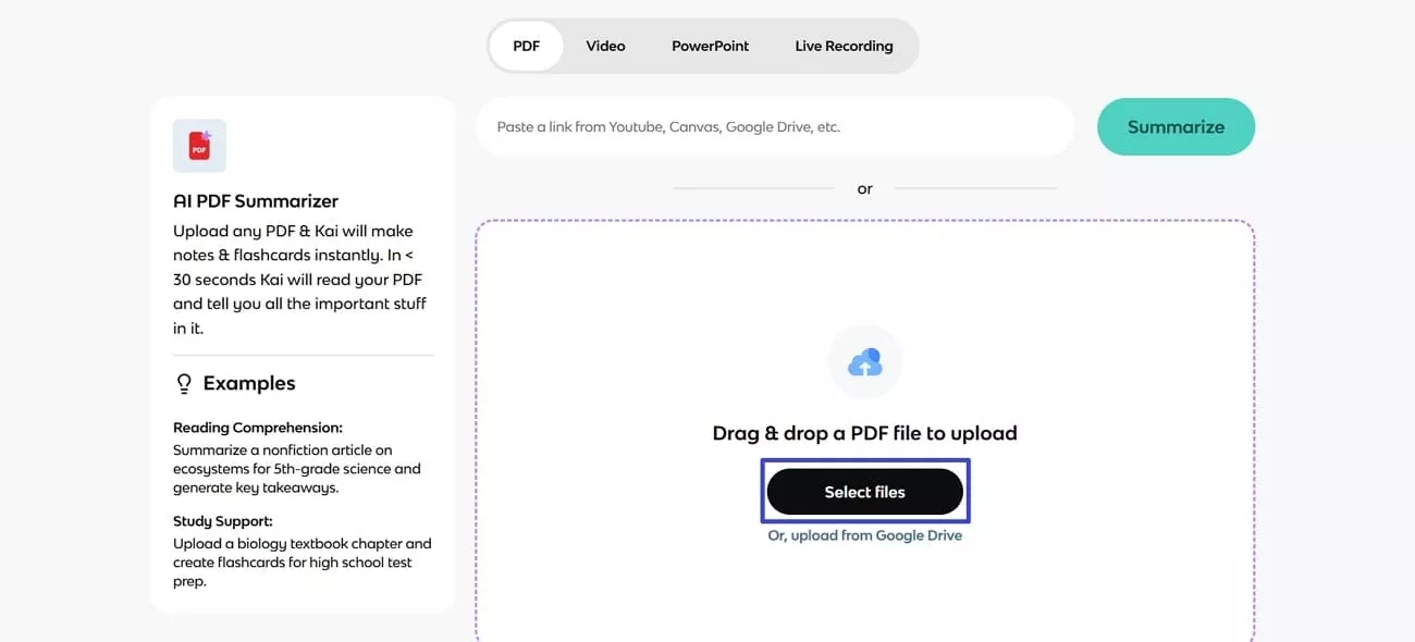 upload pdf file knowt ai summarizer