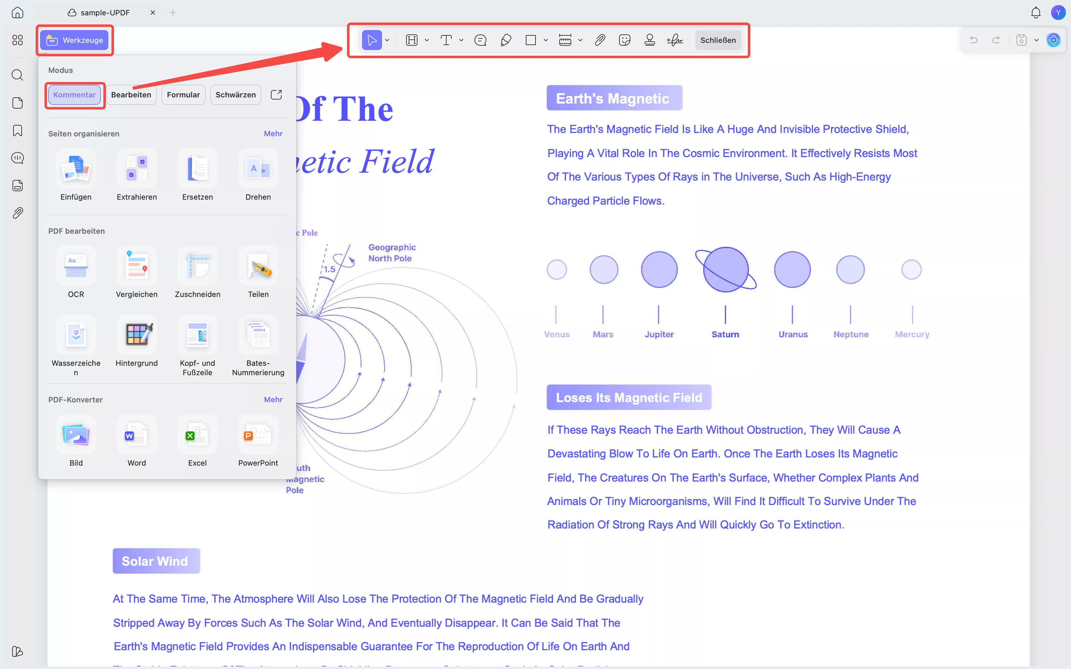 Klicken Sie auf den Kommentar im UPDF, um Notizen zum PDF zu machen.