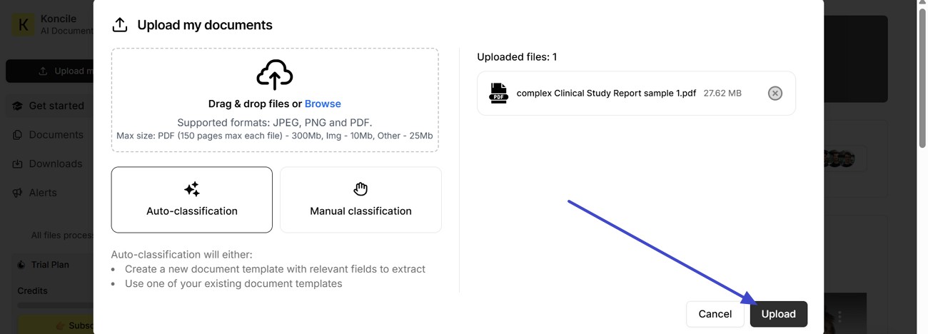 upload the exported pages to koncile