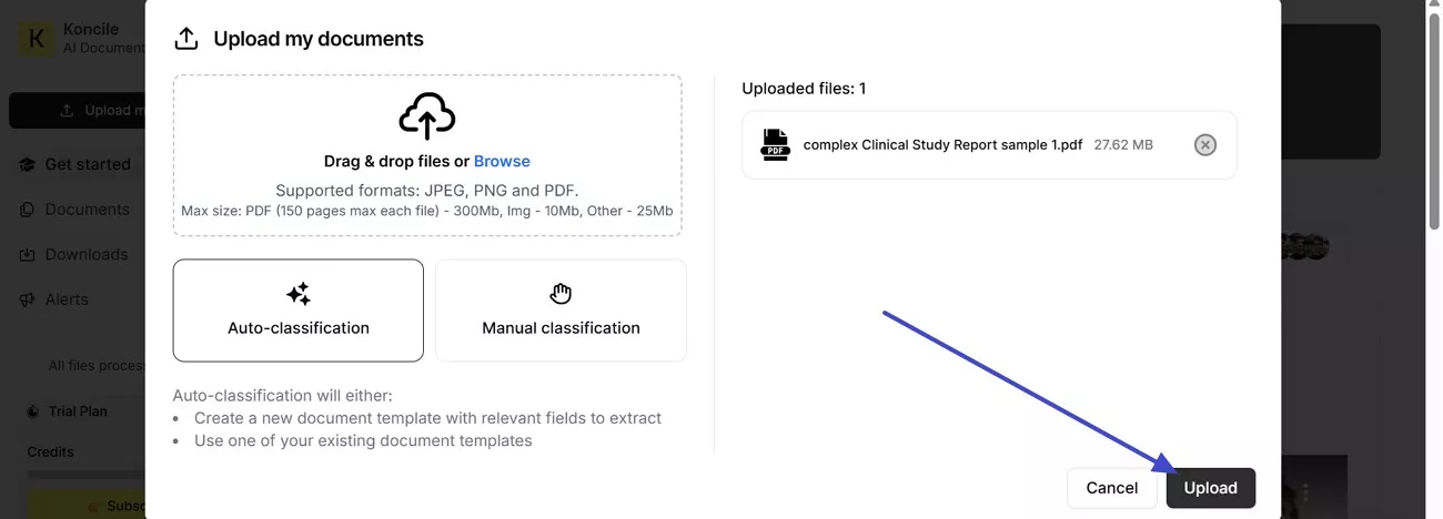 upload the exported pages to koncile