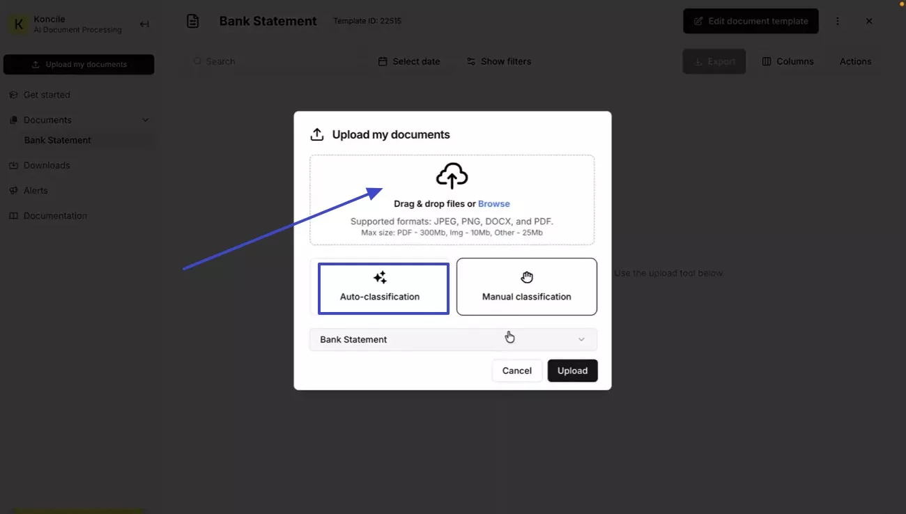 drag and drop file in koncile