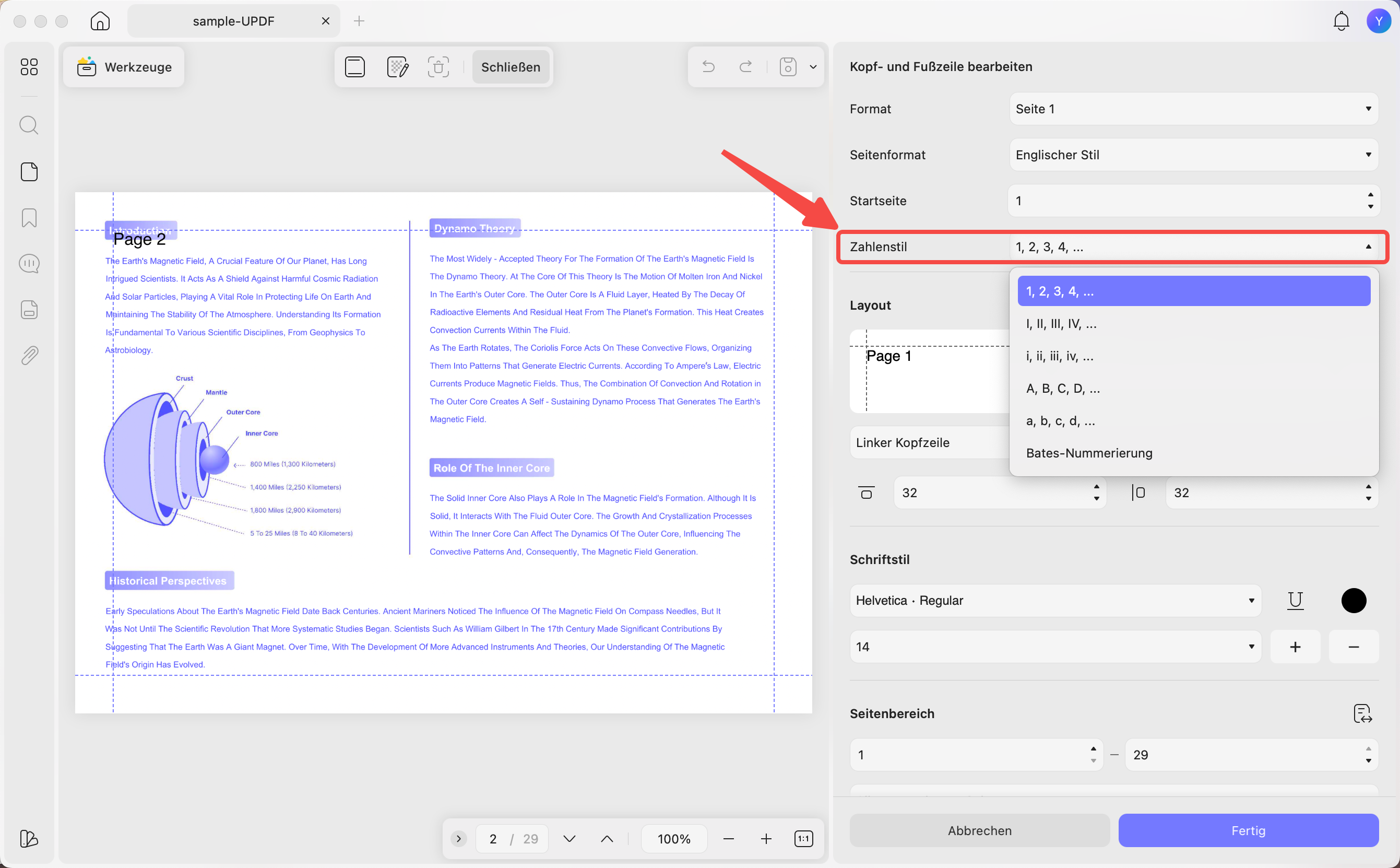 PDF mit Seitenzahlen drucken – Symbol für Seitenzahlen