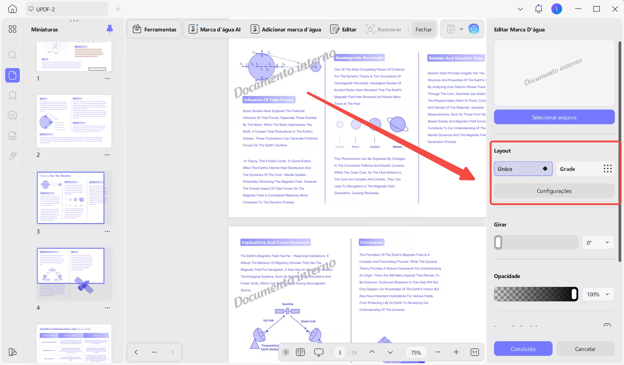 Opções de layout das marcas d’água