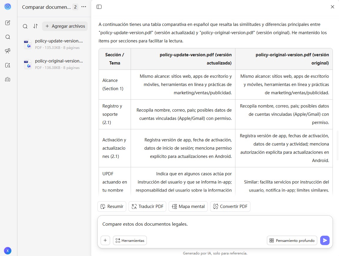 UPDF AI Comparar Documentos Legales