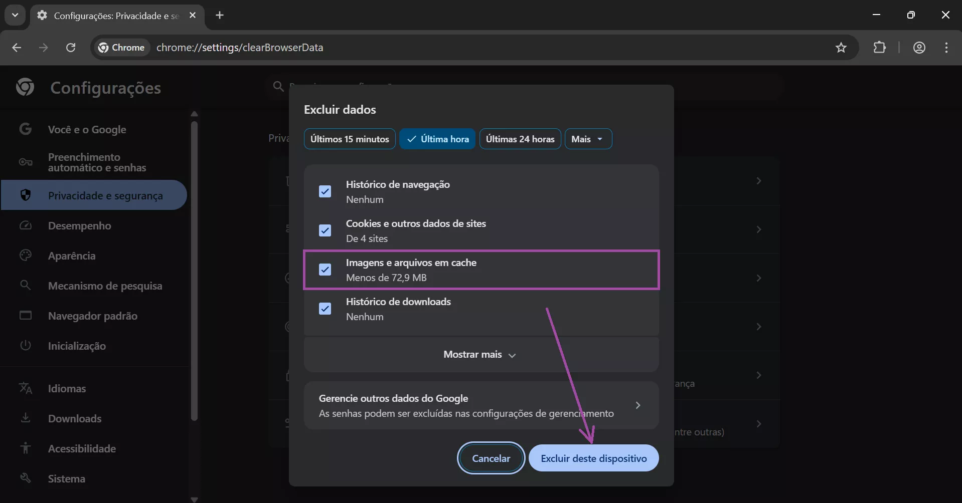 Excluir memória em cache no Chrome