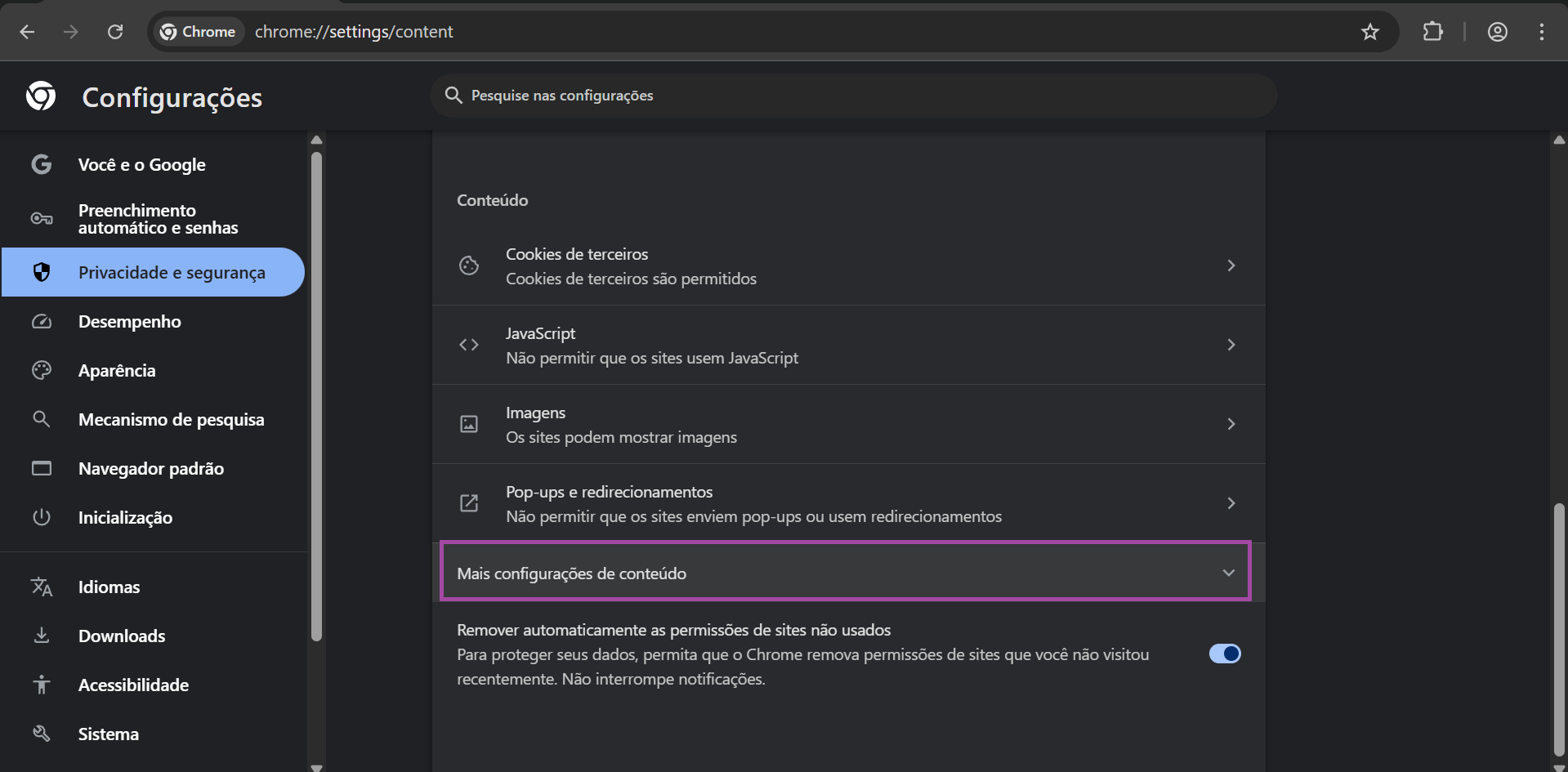 Mais Configurações de Conteúdo
