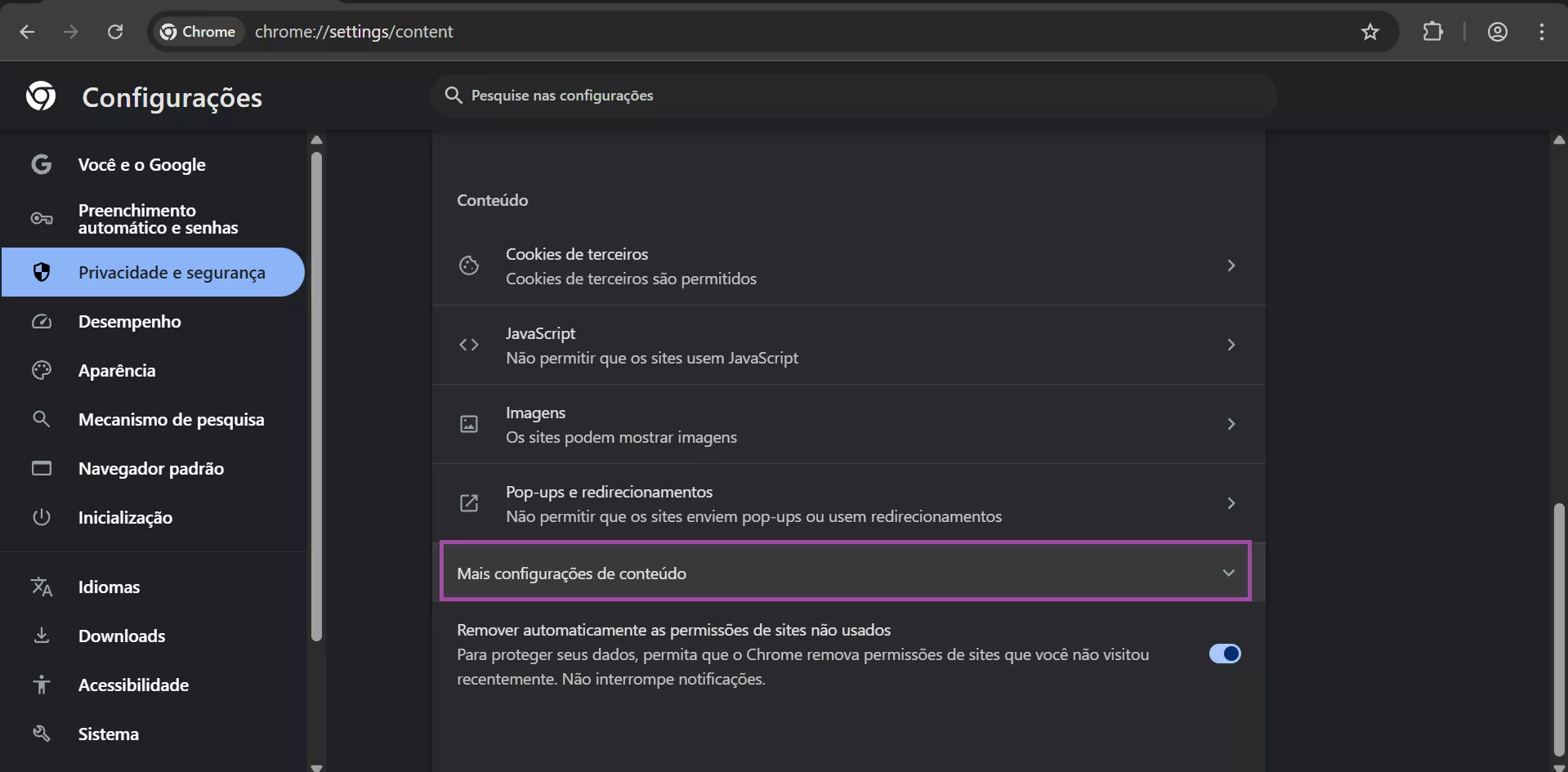 Mais Configurações de Conteúdo