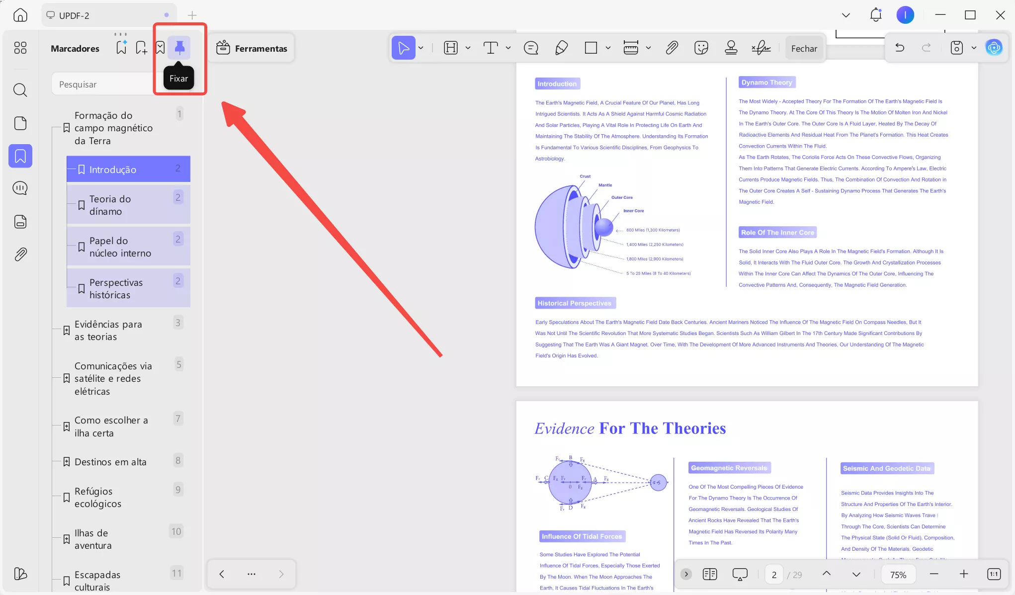 Fixar o painel de marcadores