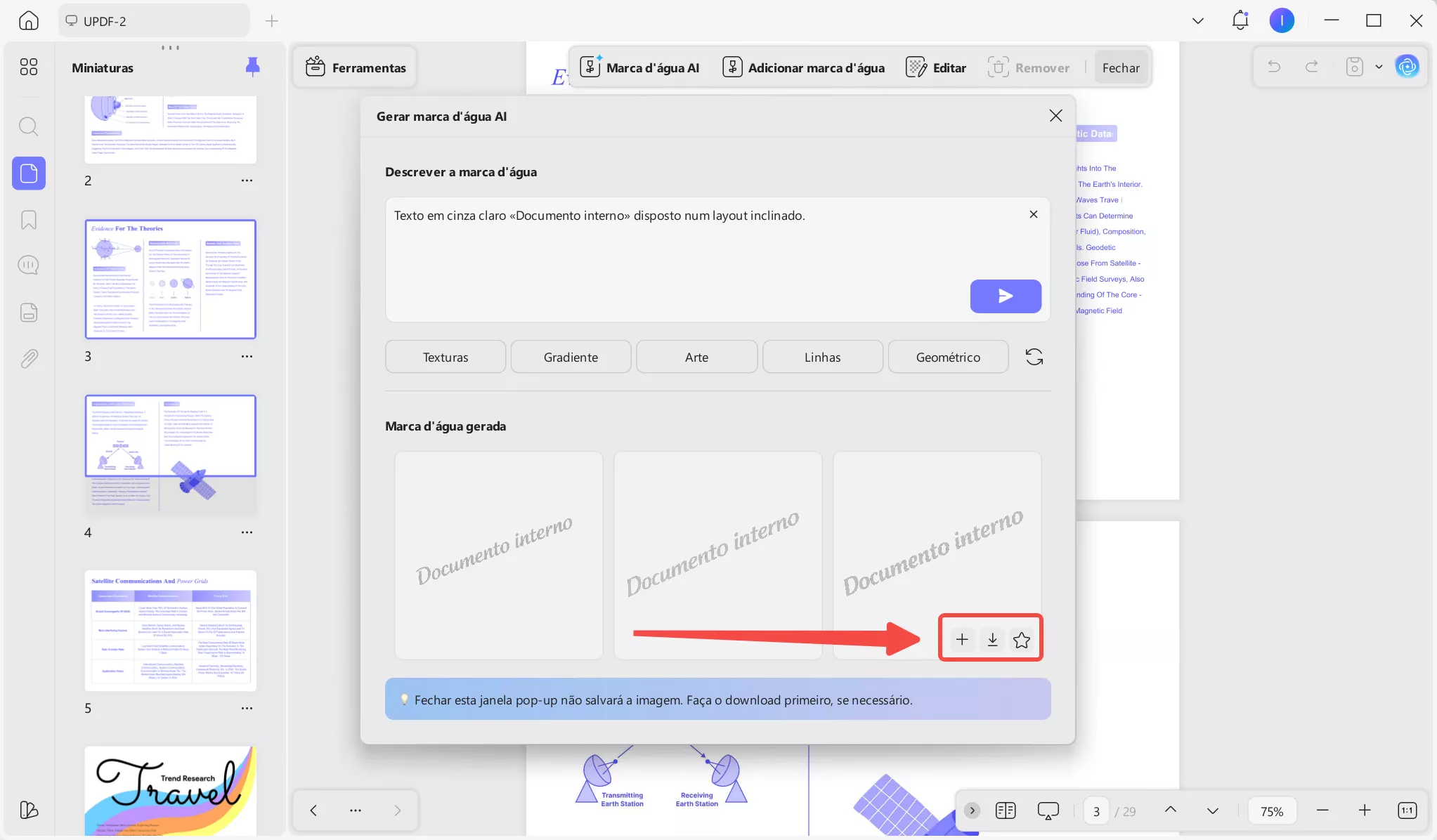 Adicionar, baixar ou marcar marcas d’água como favoritas