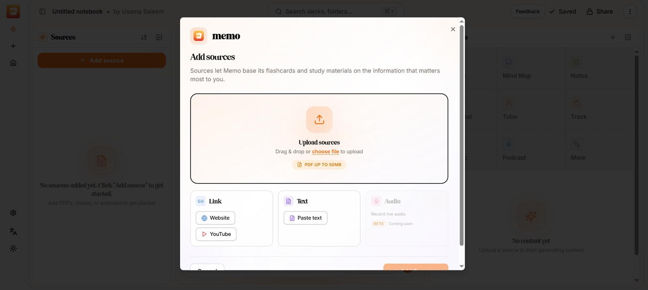 upload pdf sources memo ai