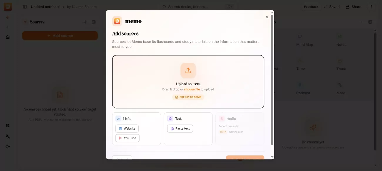 upload pdf sources memo ai