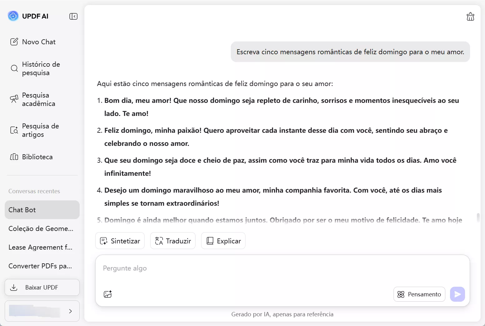 mensagens de feliz domingo de chat de IA do updf gerado 