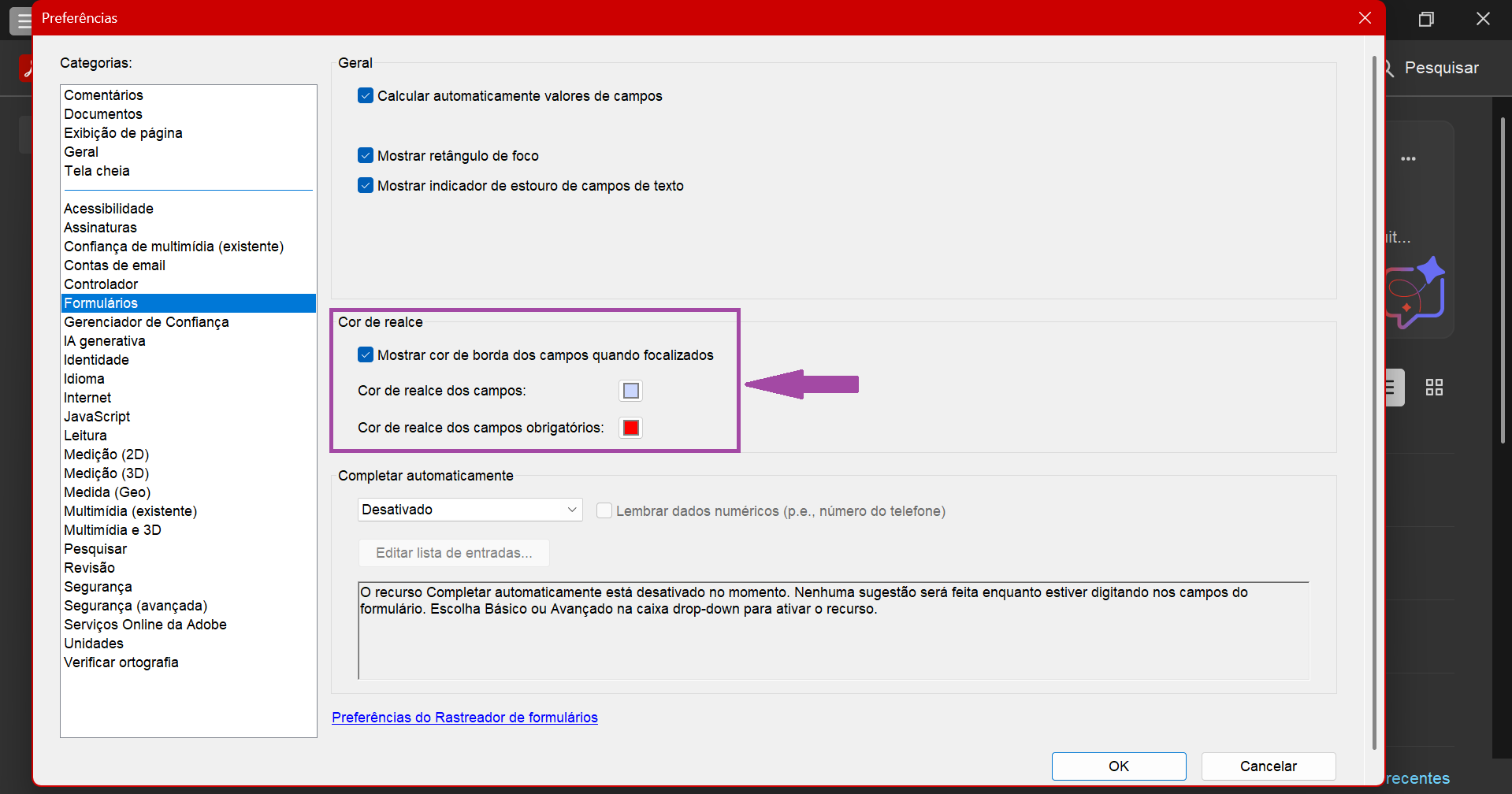 Mostrar a cor da borda ao passar o mouse sobre os campos no Adobe Acrobat