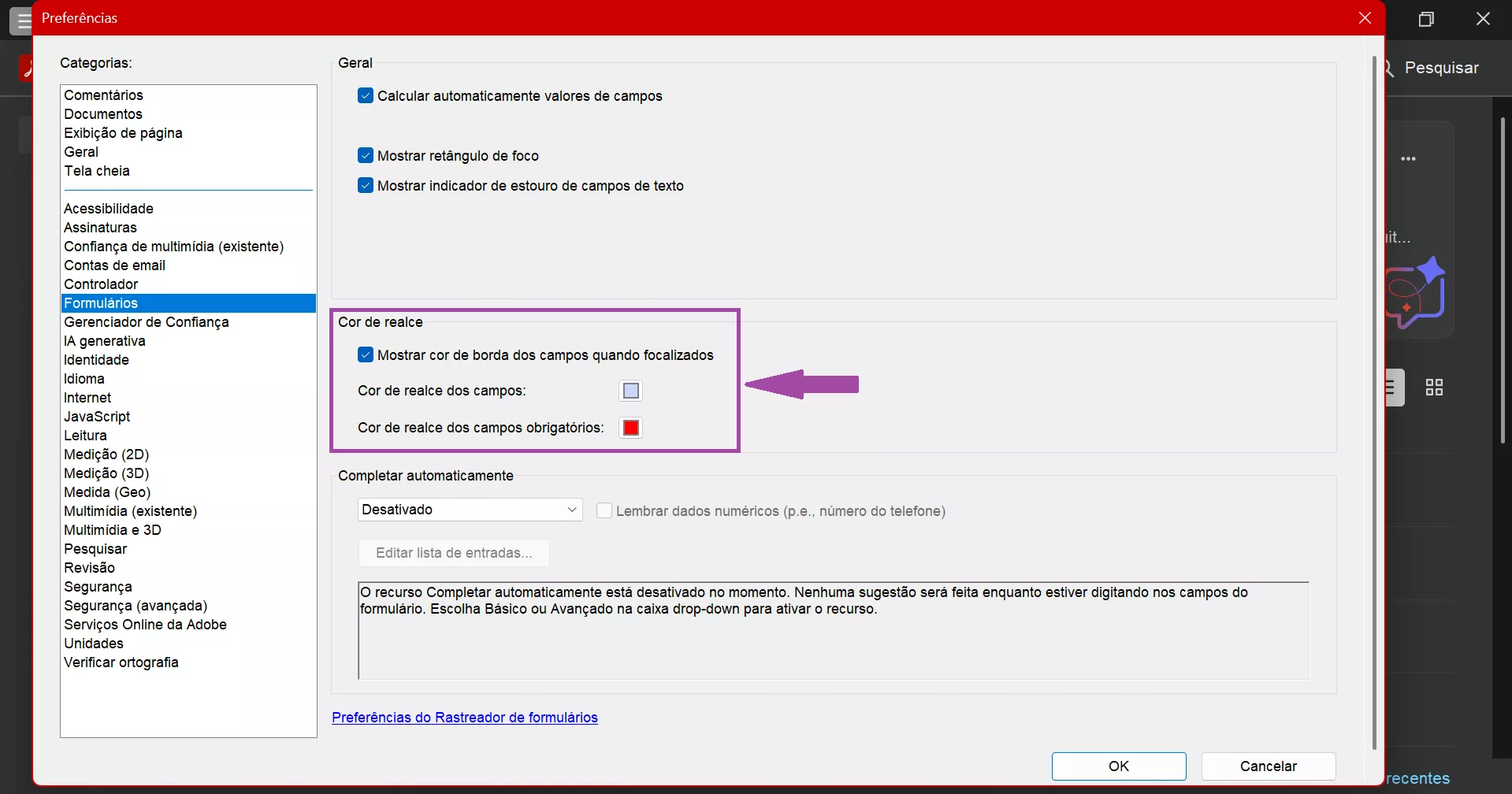 Mostrar a cor da borda ao passar o mouse sobre os campos no Adobe Acrobat