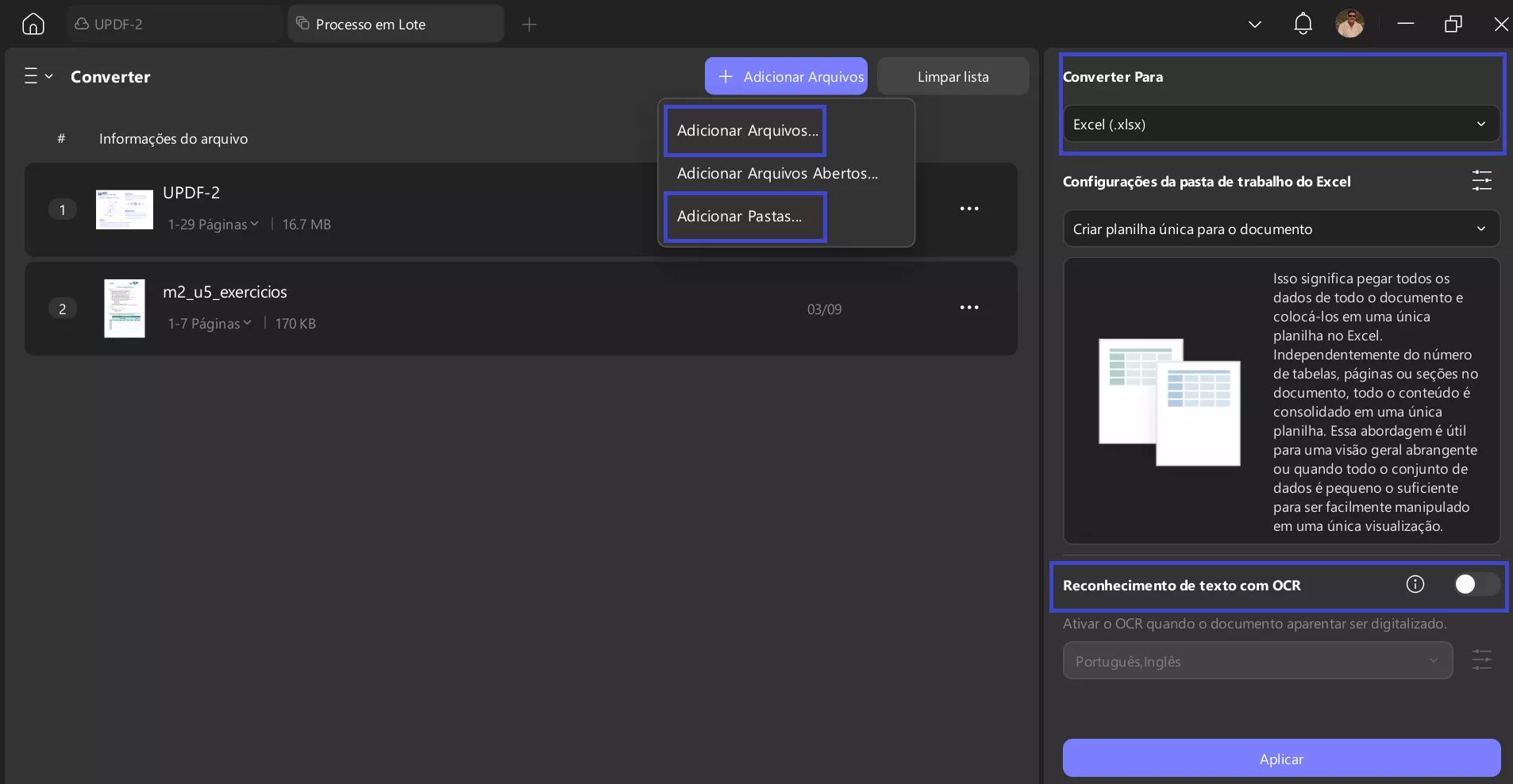 OCR em lote de PDF para Excel