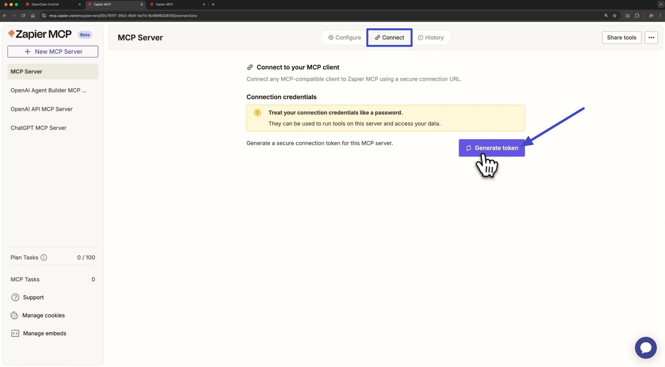 Gerar token MCP do Zapier para OpenClaw no Mac
