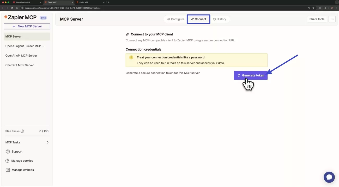  generate zapier mcp token openclaw mac