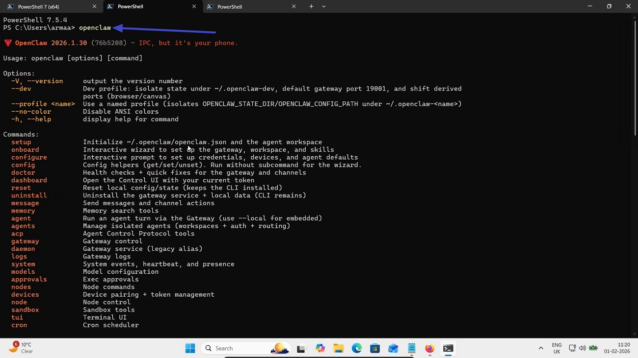 Iniciar o OpenClaw no Windows PowerShell