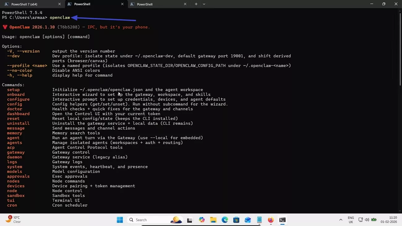  start openclaw powershell windows
