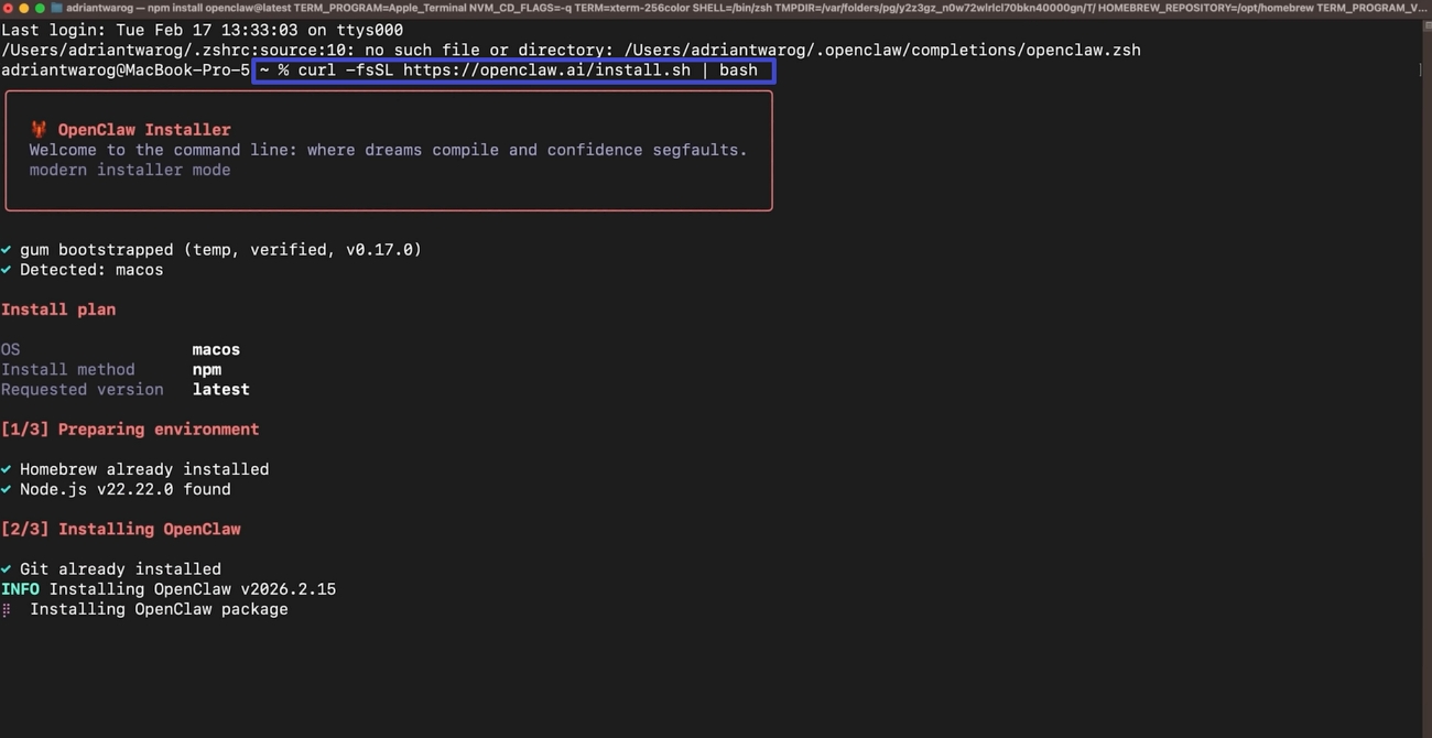 Iniciar o OpenClaw no Terminal do Mac