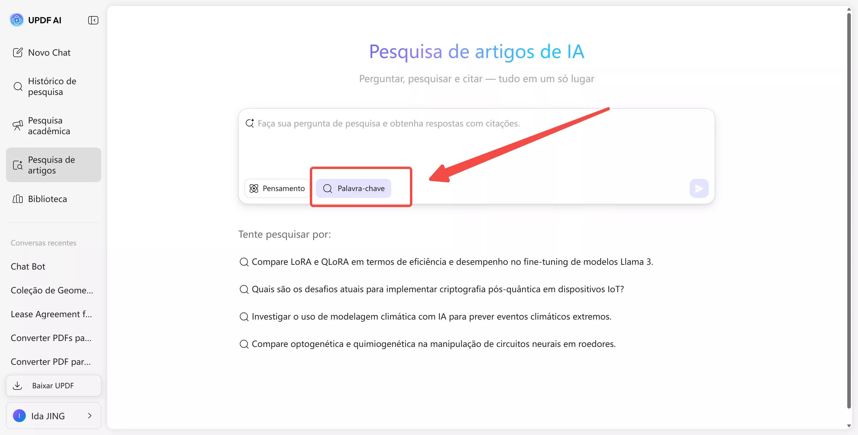 Selecionar modo de palavra-chave