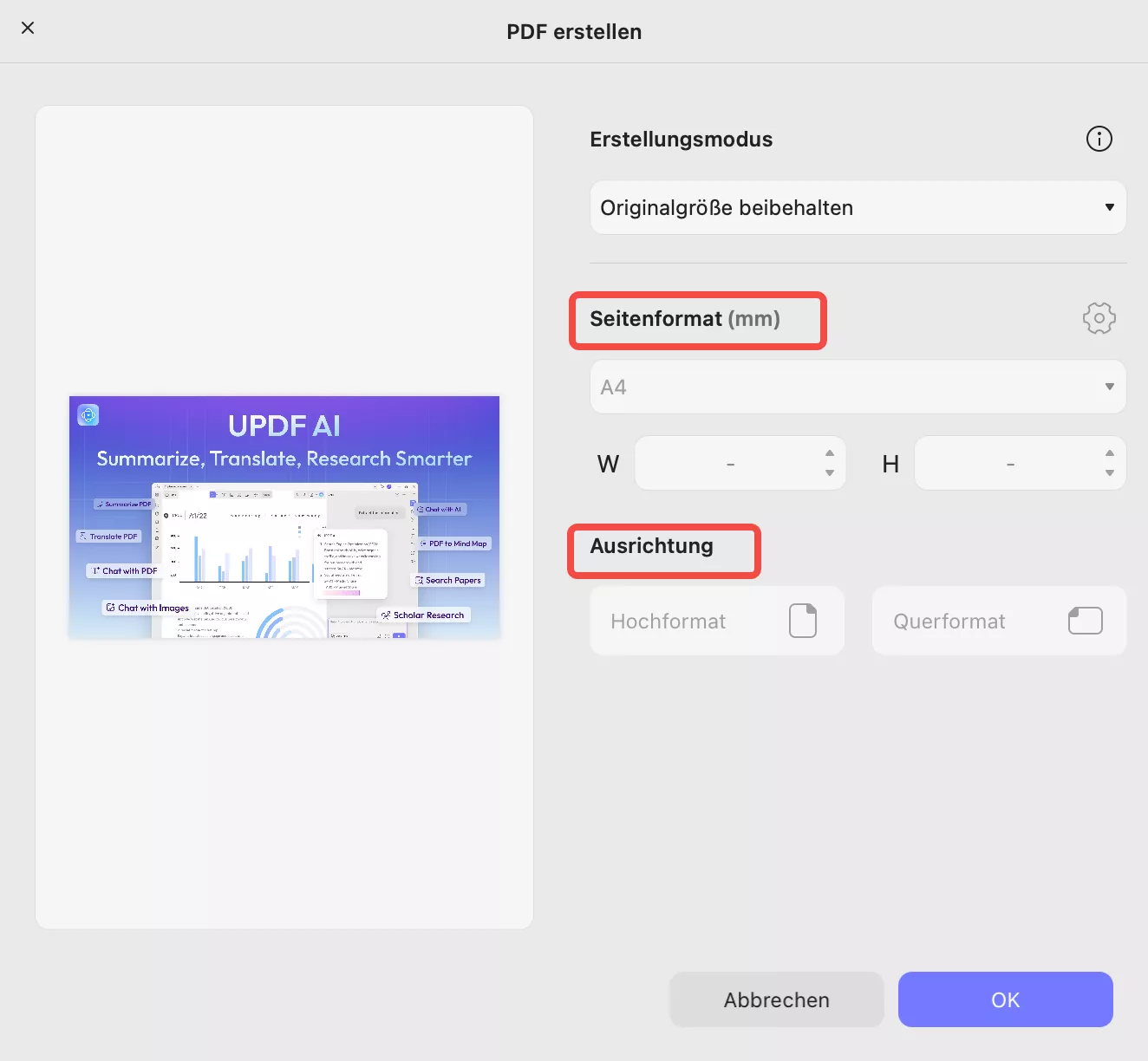 Seitengröße und andere Eigenschaften anpassen