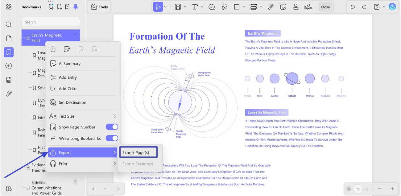 choose export pages for bookmark