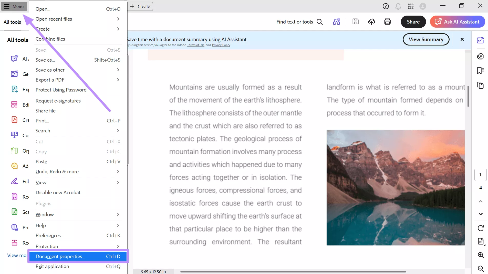 access document properties feature