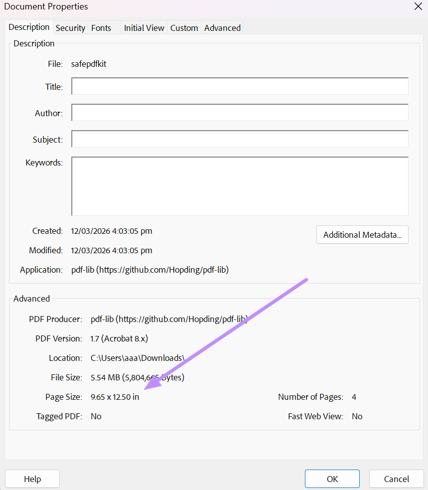 see the page size within description
