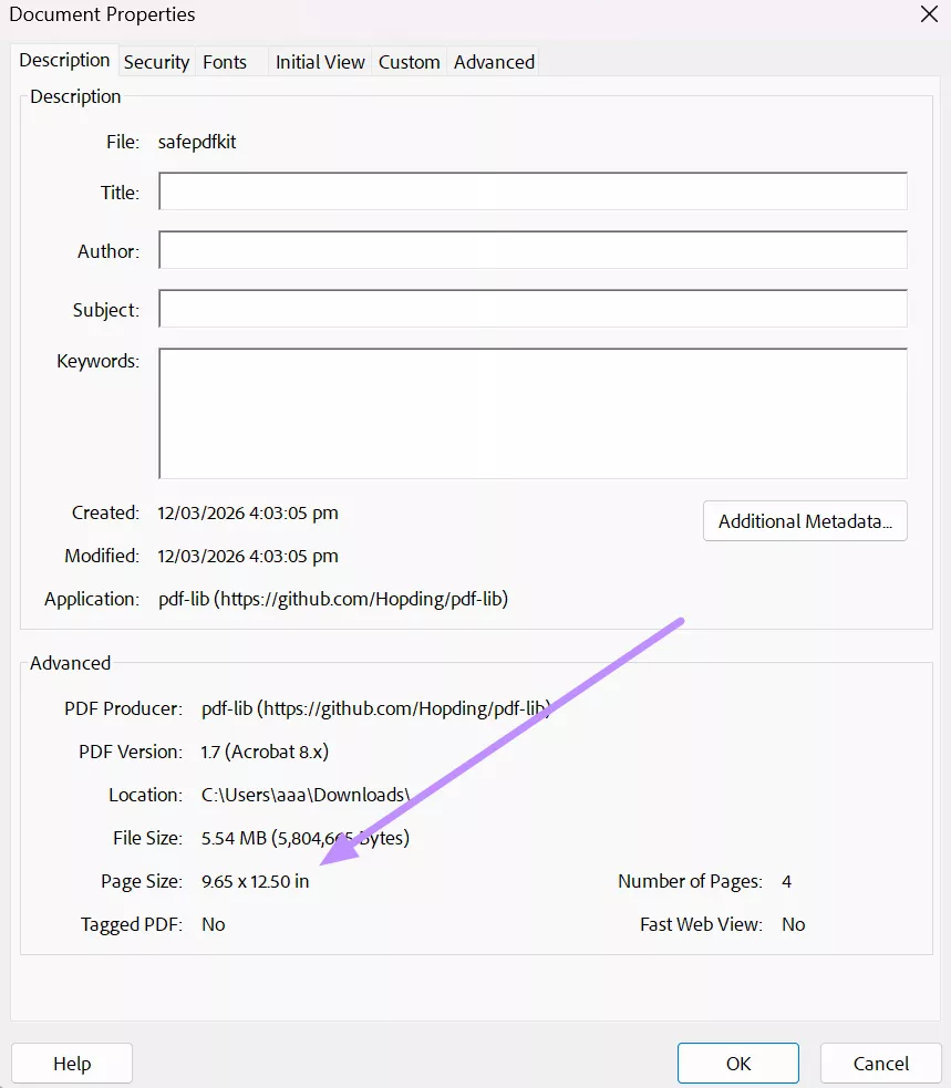 see the page size within description