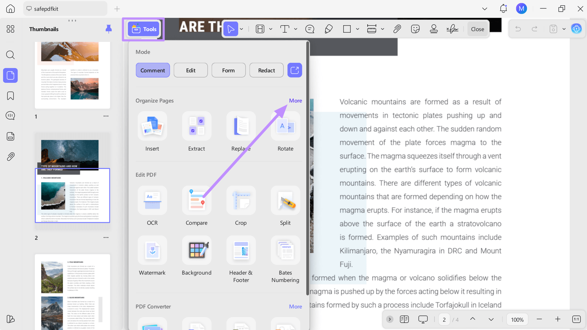 access the tools menu