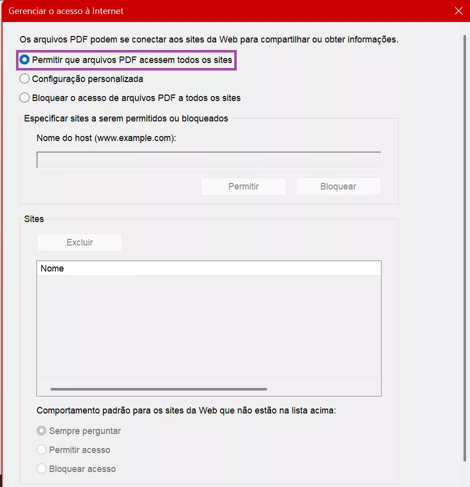 Permitir que o PDF acesse todos os sites no Acrobat