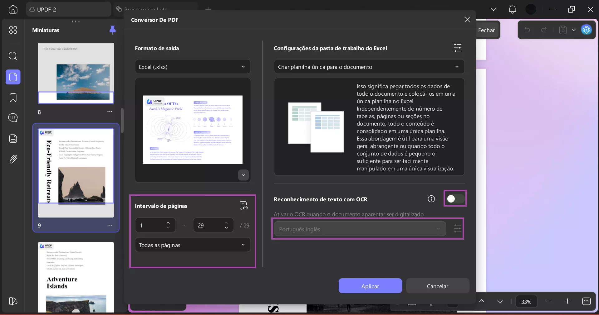 personalizar configurações de ocr