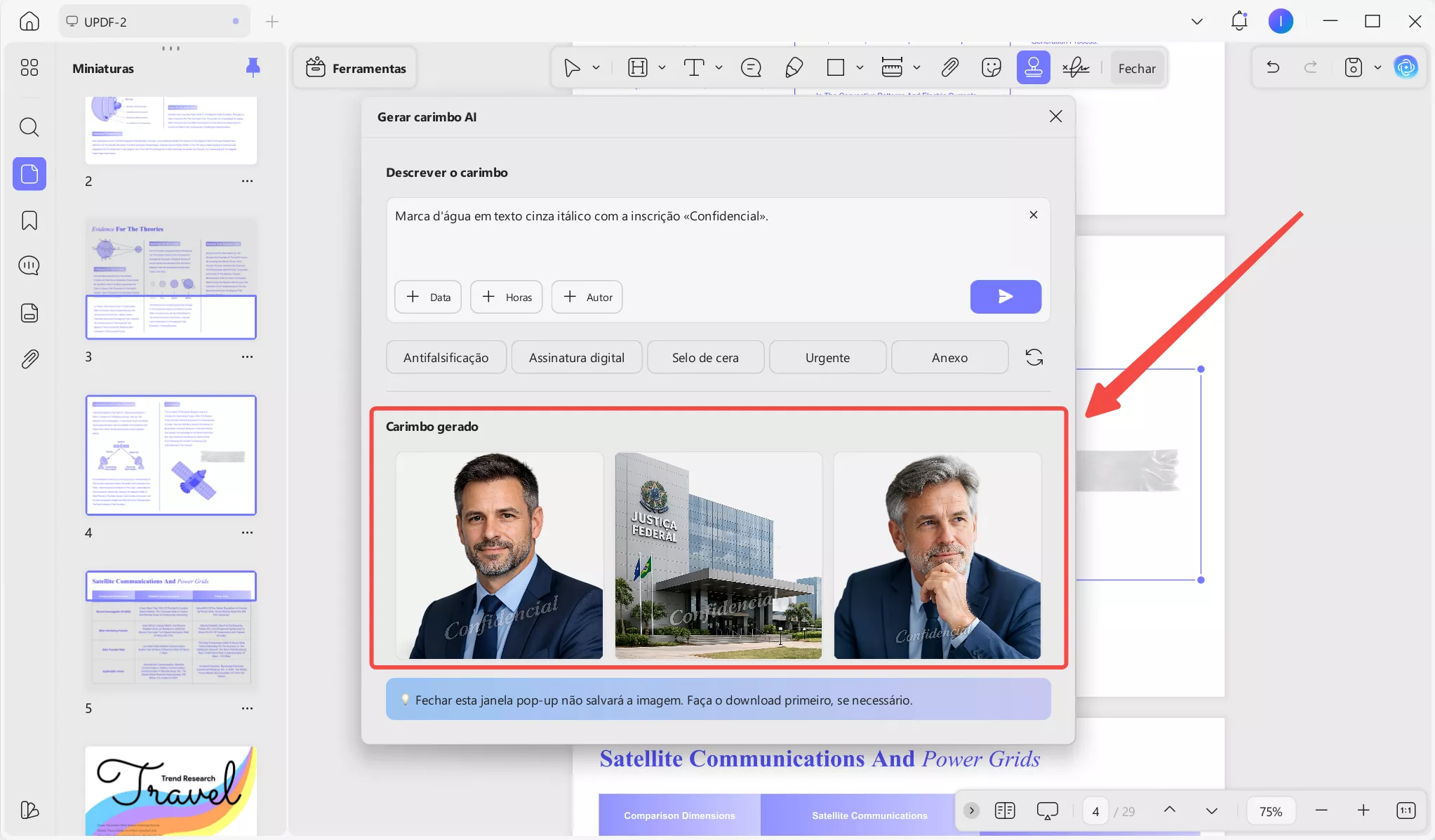 Três carimbos gerados pela IA do UPDF