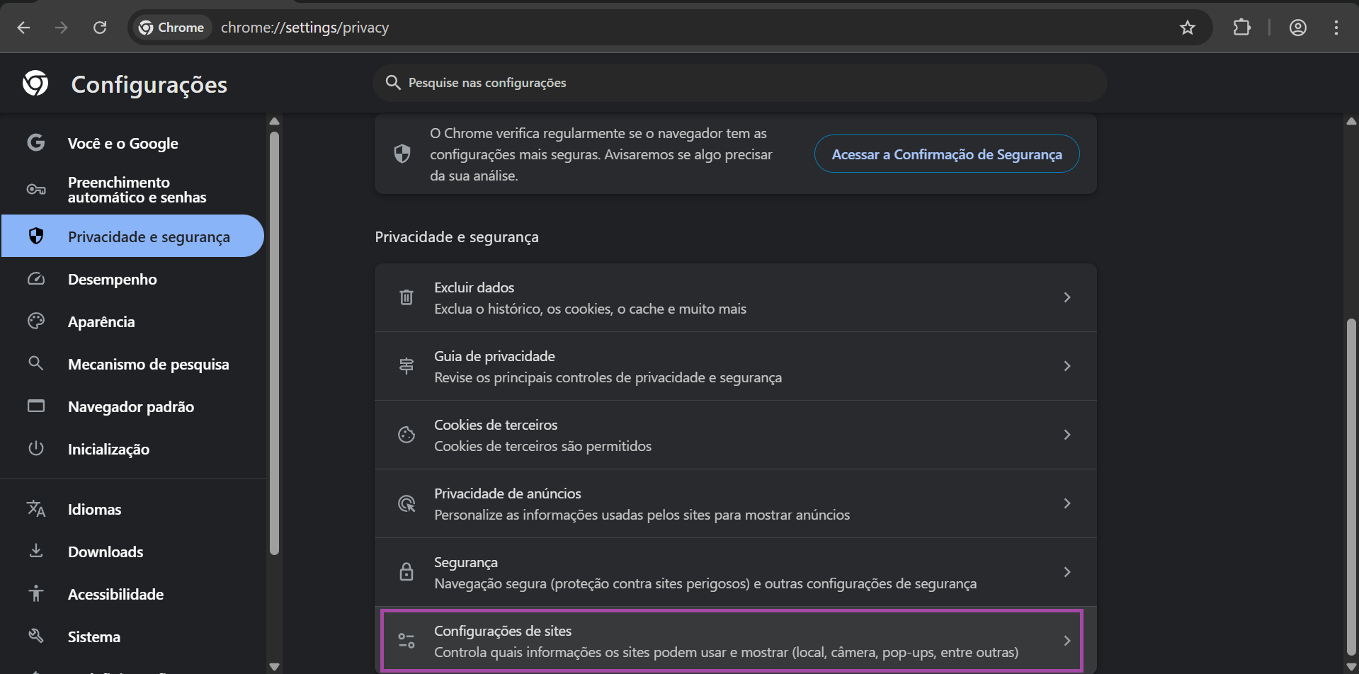 Configurações do site no Chrome