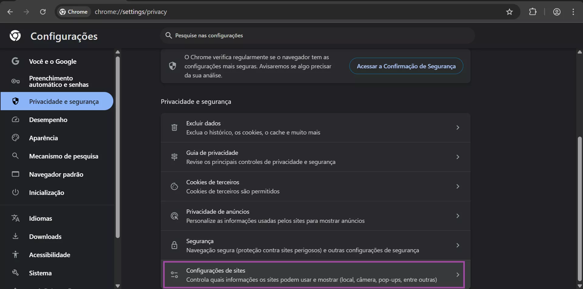 Configurações do site no Chrome