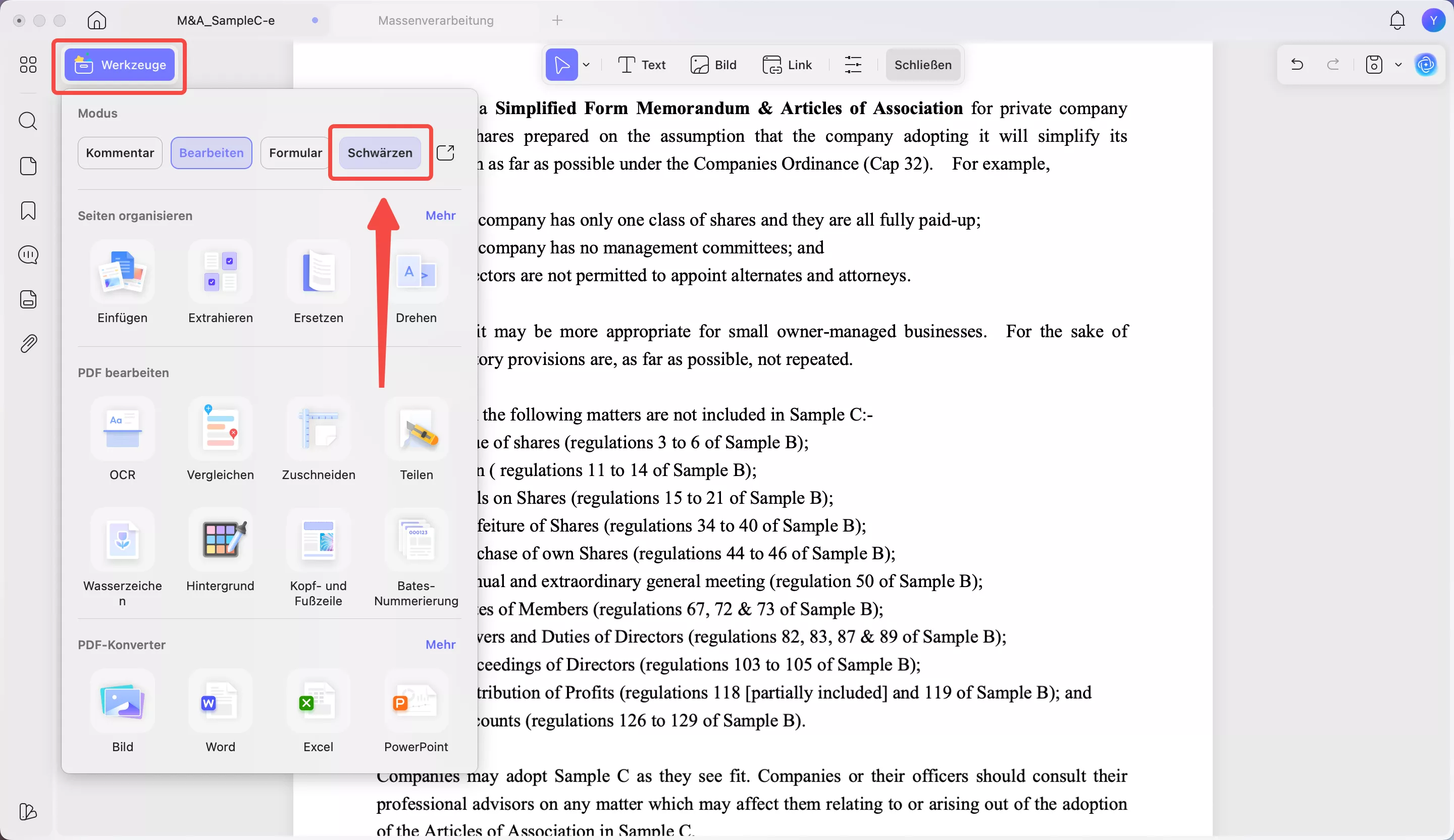 die Schwärzungsfunktion aufrufen