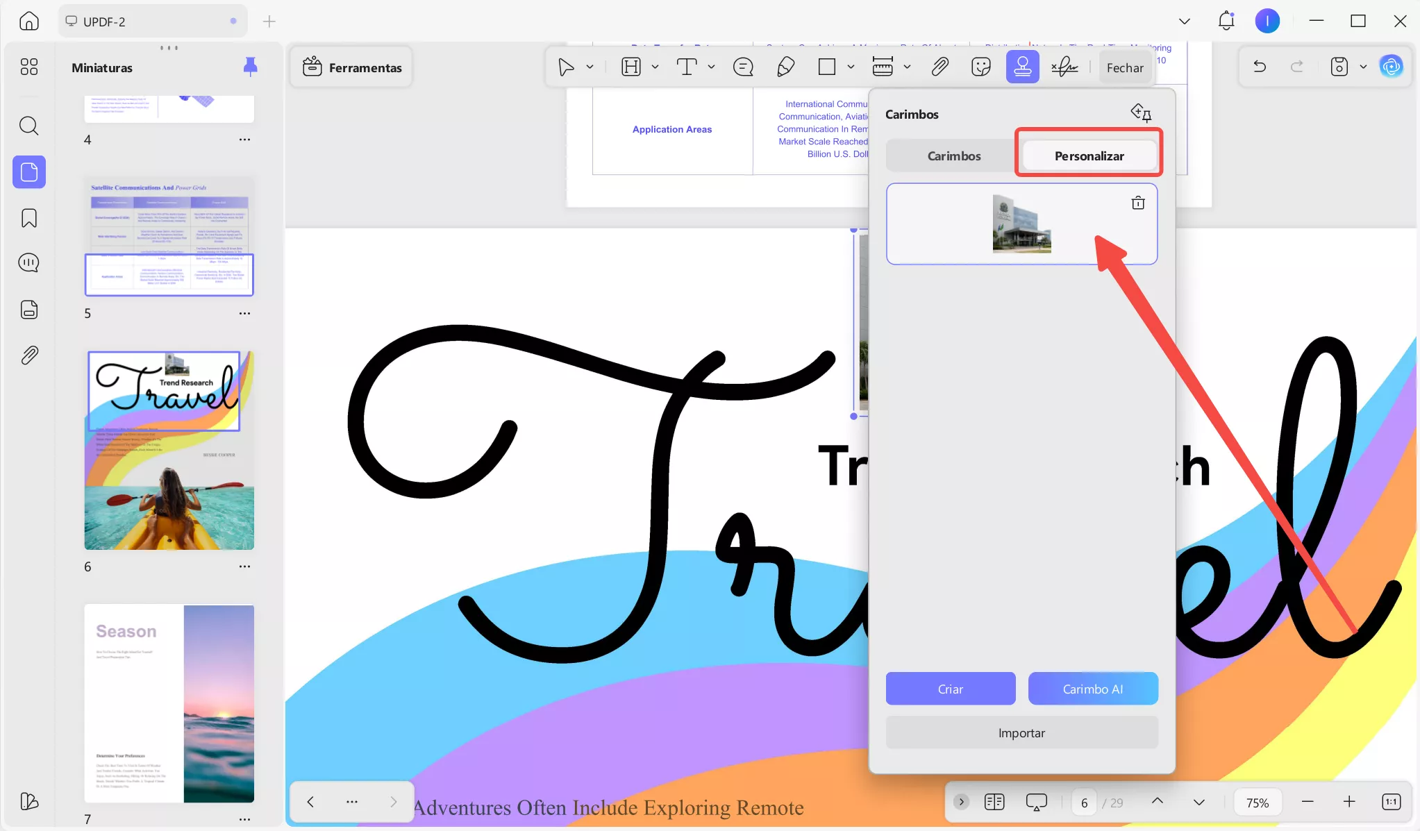 Veja os carimbos de IA em “Personalizado” no menu de carimbos.