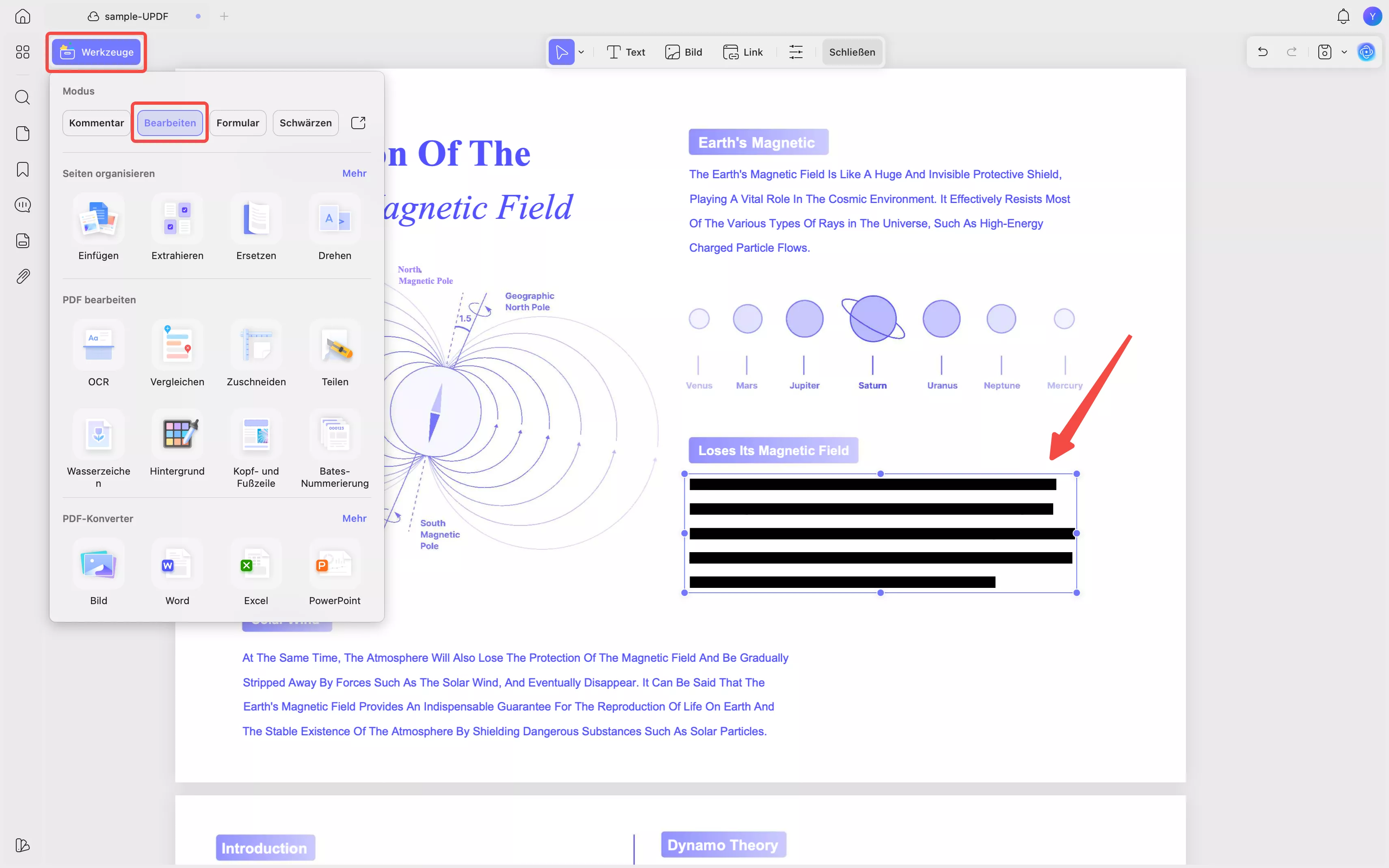Wähle unter „Werkzeuge“ die Option „Bearbeiten“