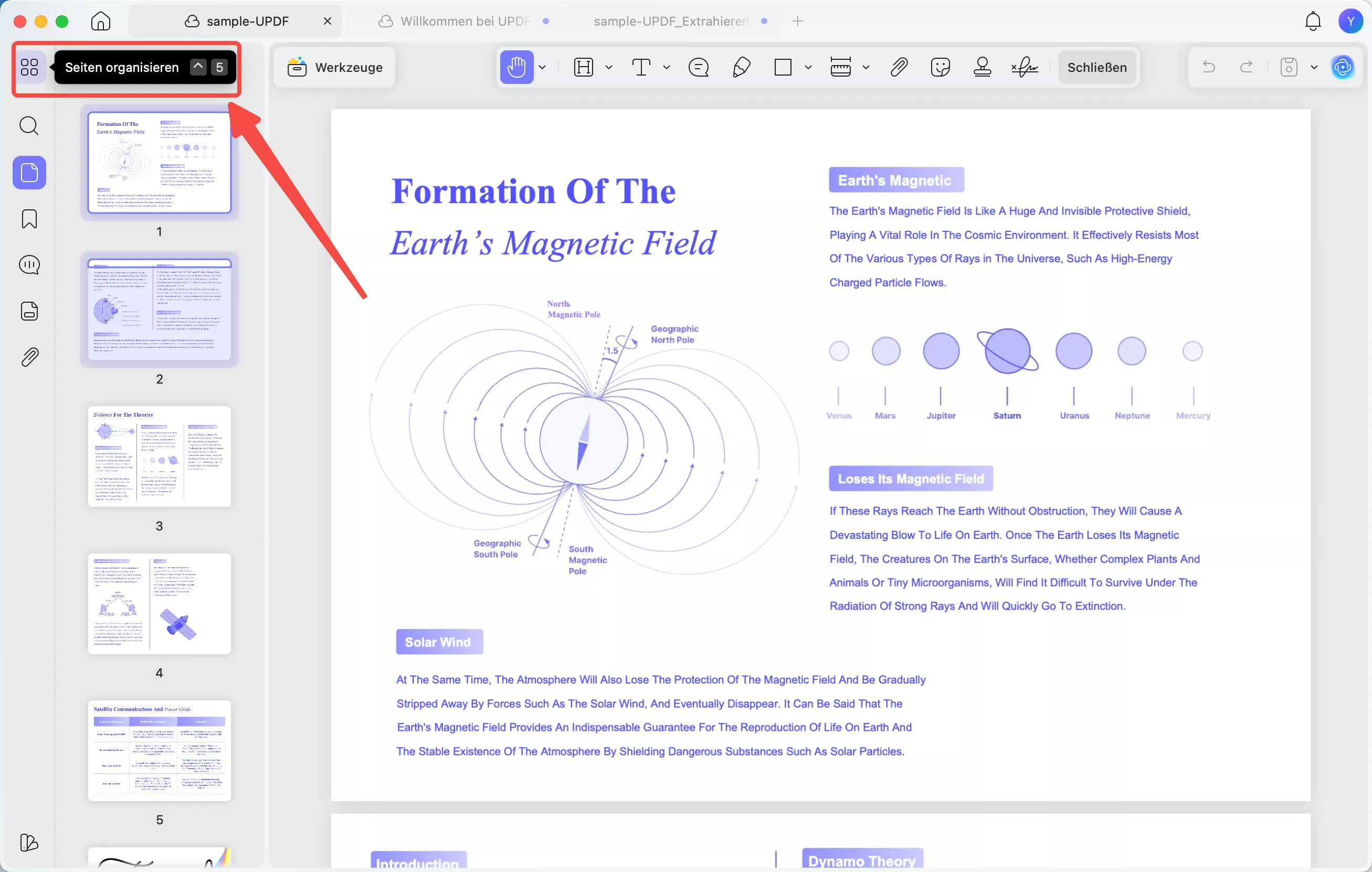 Funktion zum Navigieren, Aktualisieren und Organisieren von Seiten