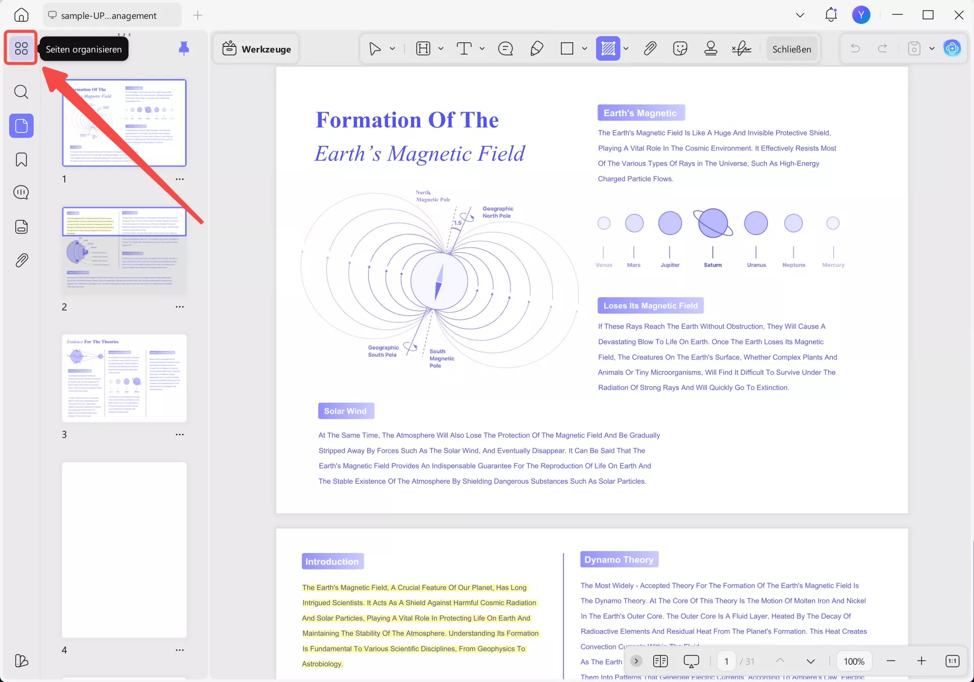 Klicken „Seiten organisieren“