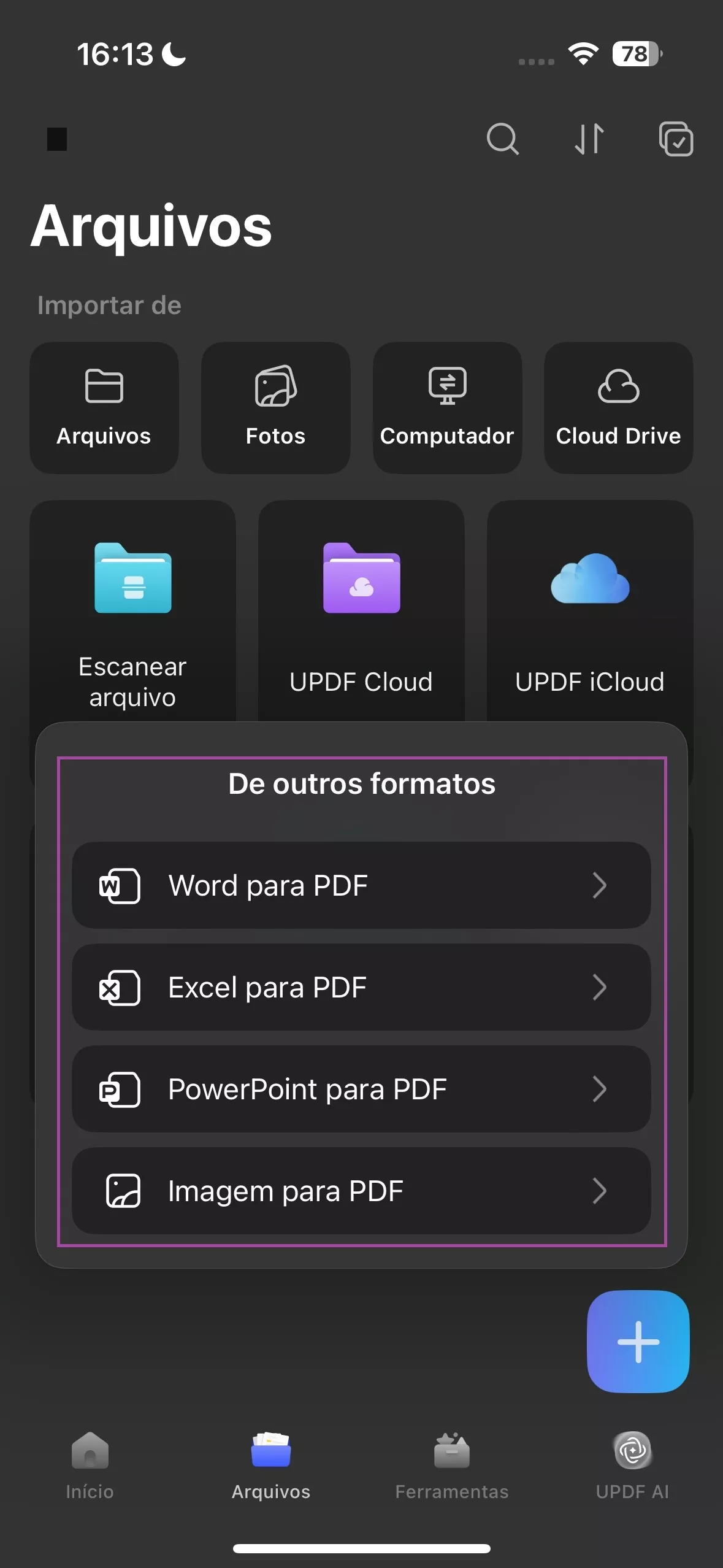 Seleção de formato do UPDF