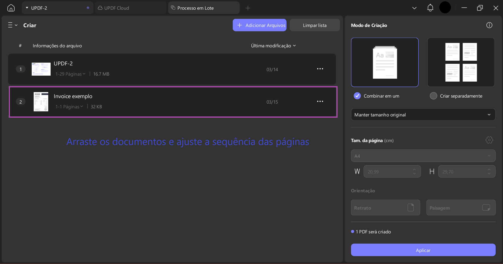 Arraste o documento para ajustar a ordem das páginas
