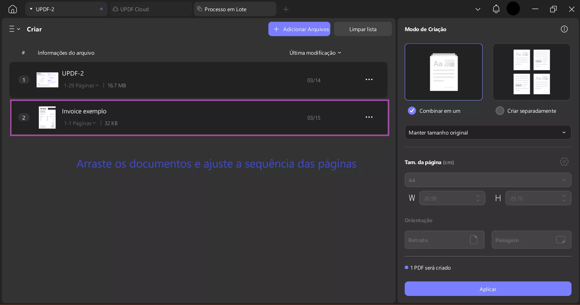 Arraste o documento para ajustar a ordem das páginas