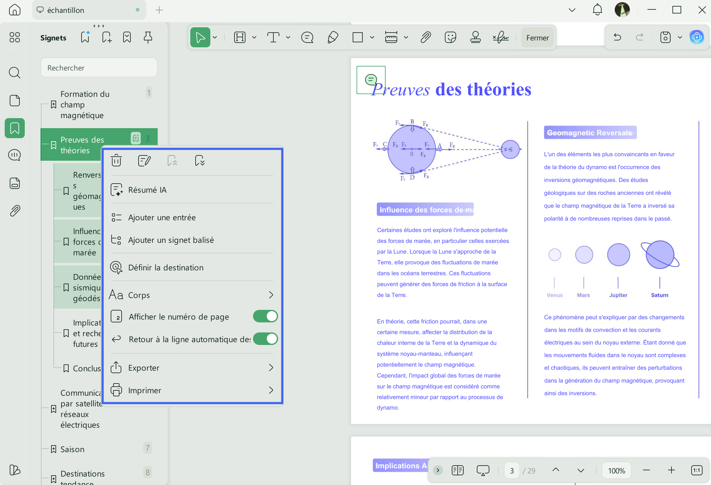menu contextuel des favoris