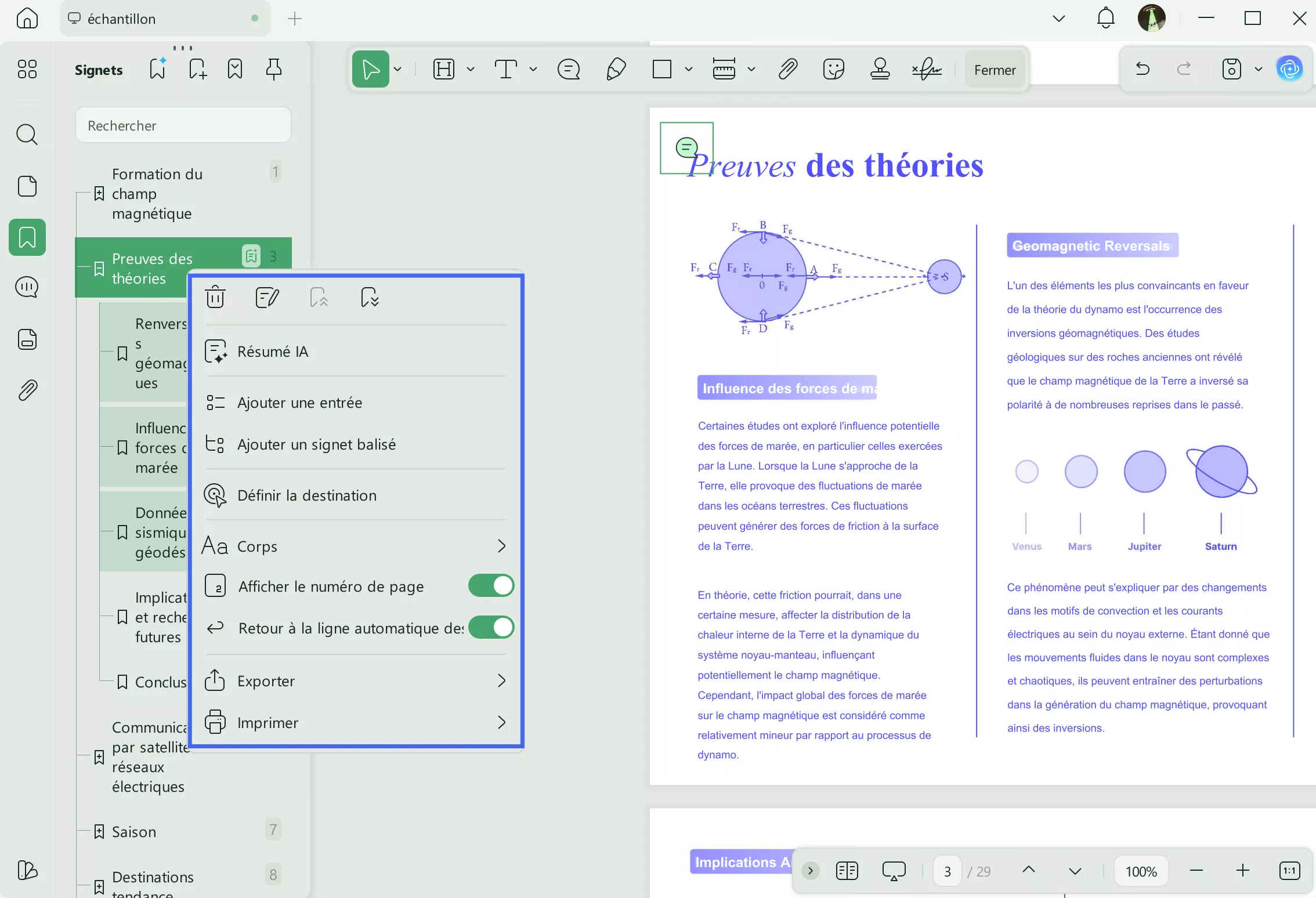 menu contextuel des favoris